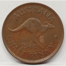 AUSTRALIA 1948Y. HALF 1/2 PENNY . VARIETY . DIE CRACK THROUGH 'HALF'